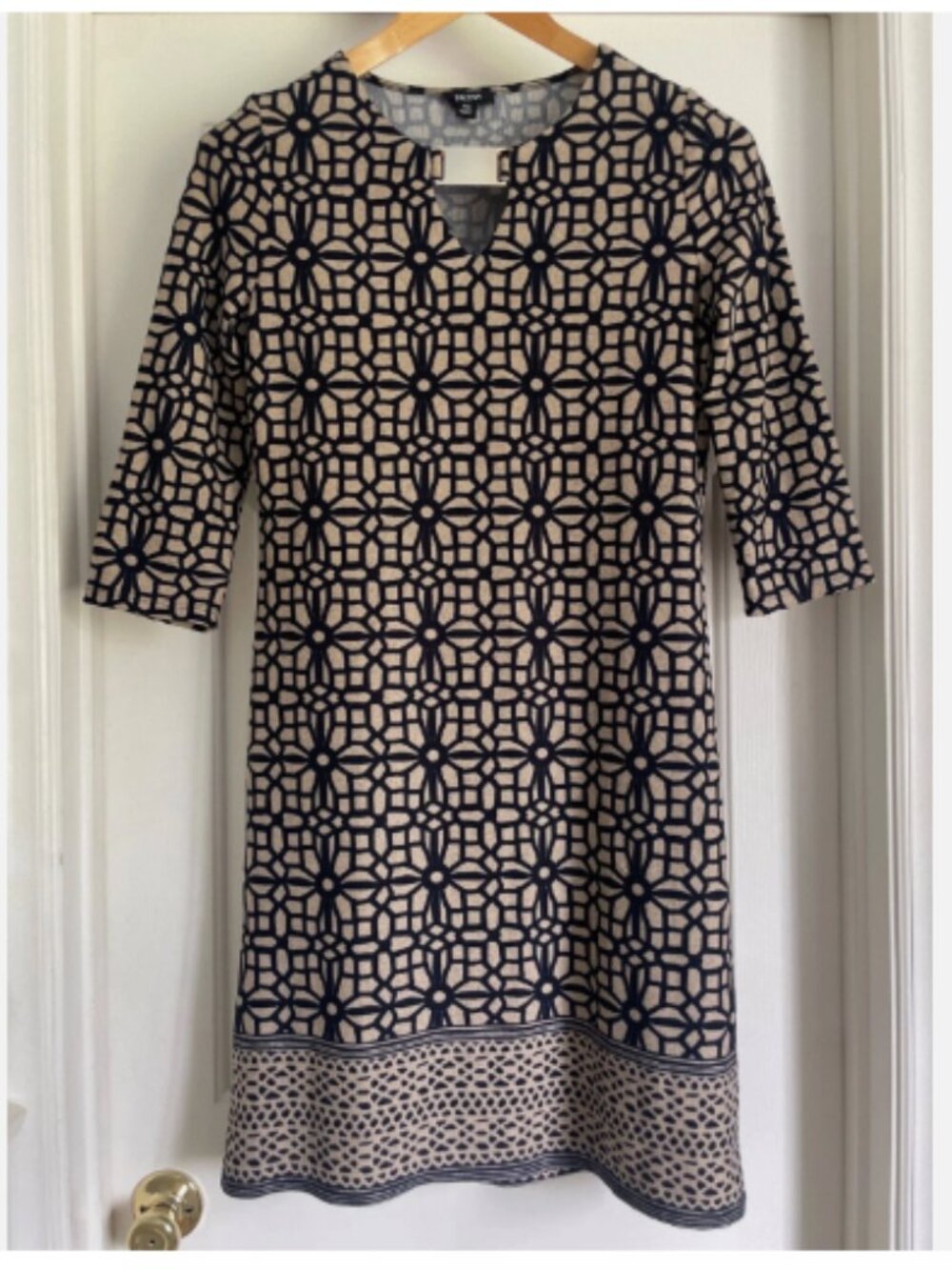 Tacera Geometric Print 3/4 Sleeve Shift Dress – Petite Medium (PM)